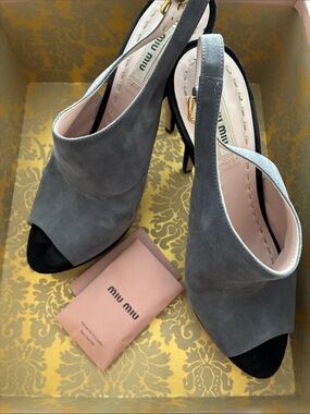 Miu Miu Gray Suede Peep-Toe Slingback Heels with Black Toe